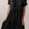 Black Hidden Buttons Short Sleeve Ruffle Tiered Long Flared Dress