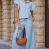 Apricot Textured Ruffled Sleeve Zipped Top and Wide Leg Pants Set