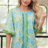 Purple Floral Print Ruffled Color Block Trim Half Sleeve Blouse