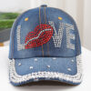 Ashleigh Blue Rhinestone Embellished LOVE Lip Denim Baseball Cap