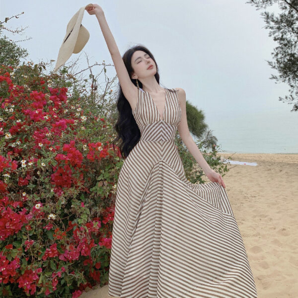 Striped High Waist Party Evening Dress