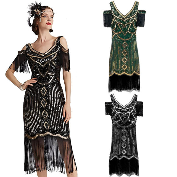 571134952 Gatsby Vintage Evening Dress 1920s Theme Party Sequin Fringe Dress