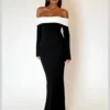 Shoulder Contrast Color Knitted Maxi Dress