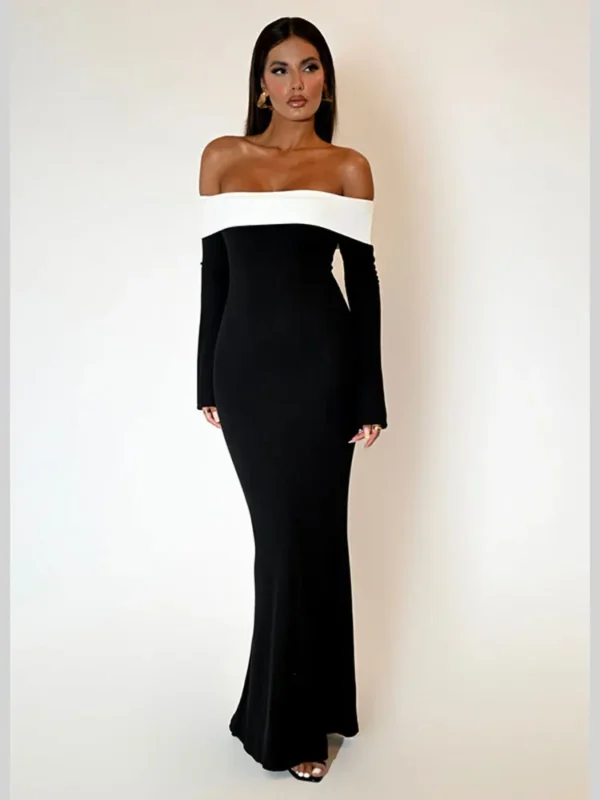 Shoulder Contrast Color Knitted Maxi Dress