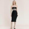 571136391 Knitted black strapless beaded evening dress with bandages and backless dress