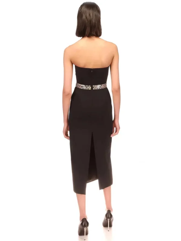571136393 Knitted black strapless beaded evening dress with bandages and backless dress