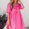 Rose Striped Print Bow Detail Short Puff Sleeve Mini Dress
