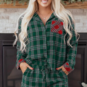Green Plaid Contrast Patched Christmas Holiday Long Sleeve Shirt and Short 2pcs Pajama Set