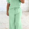 Mist Blue Solid Color Ribbed Trim Short Sleeve Top Drawstring Loose Pants 2pcs Outfit