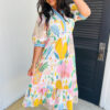 Multicolour Floral Doodle Print Striped Trim V Neck Midi Dress