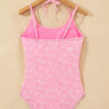 Pink Corded Flower Texture Spaghetti Straps Halterneck One Piece Swimsuit