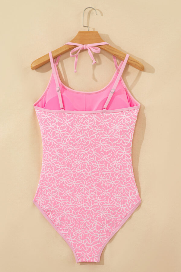 Pink Corded Flower Texture Spaghetti Straps Halterneck One Piece Swimsuit