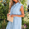 Sail Blue Ruffled Edge Collared Shift Denim Dress with Pockets