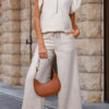 Apricot Textured Ruffled Sleeve Zipped Top and Wide Leg Pants Set