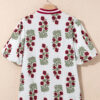 White Plus Size Floral Print Ricrac Striped Trim Short Sleeve Cotton Blouse