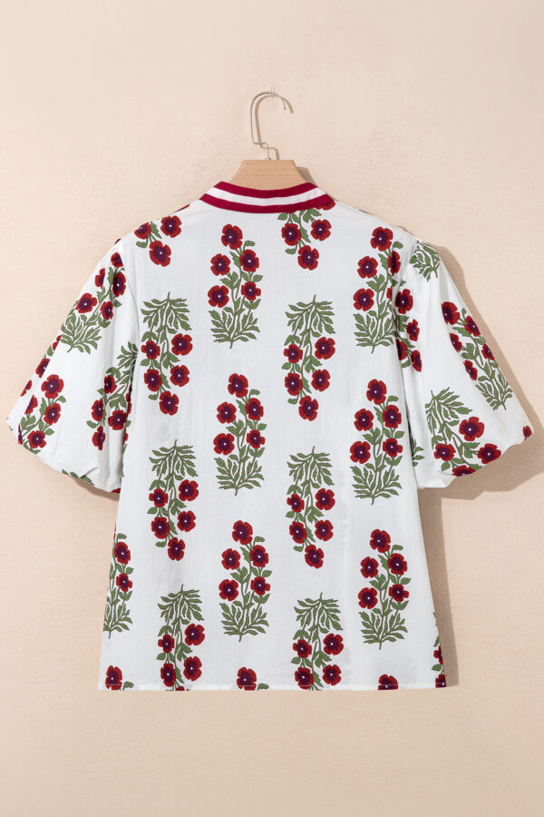 White Plus Size Floral Print Ricrac Striped Trim Short Sleeve Cotton Blouse