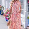 Pink Polka Dot Printed Ruffle Short Sleeve Zip Up Long Dress