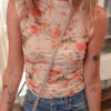 Red Mesh Floral Printed Slim Fit Tank Top