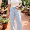 Beau Blue Studded Side Slit Leg Frayed Pocketed Wide Leg Jeans