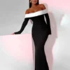 Shoulder Contrast Color Knitted Maxi Dress