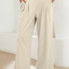 Beige Solid Color Textured Elastic Waist Wide Leg Pants