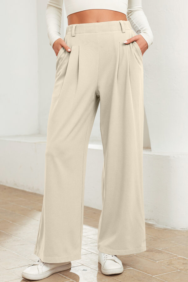Beige Solid Color Textured Elastic Waist Wide Leg Pants