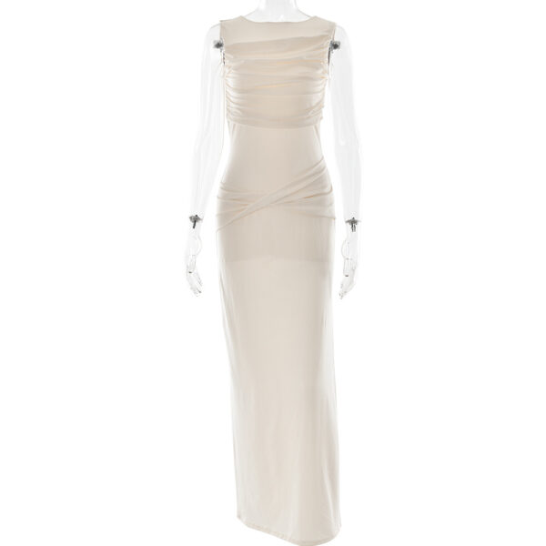Sleeveless Pleated Slit Fitted Formal Gown