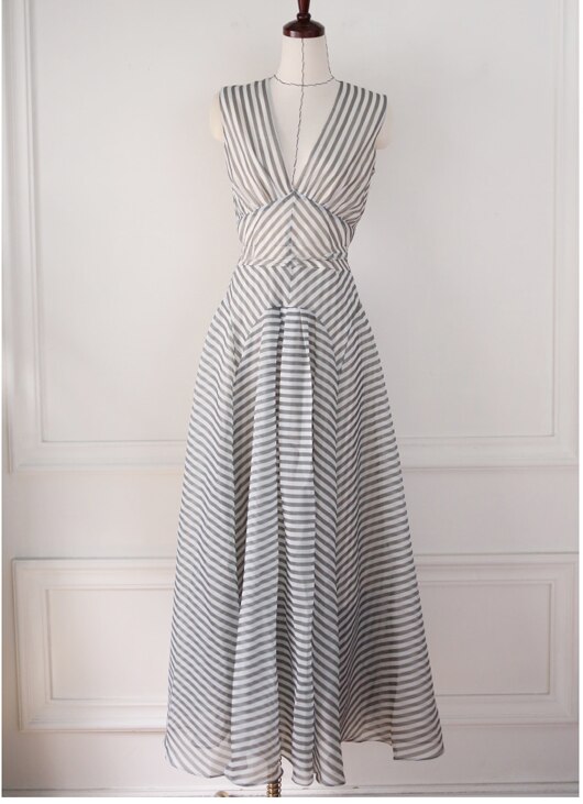 Striped High Waist Party Evening Dress