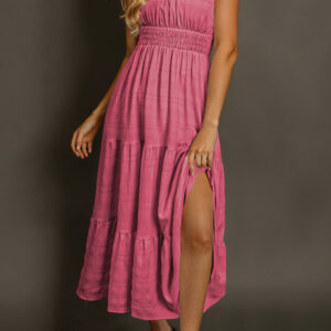 Rose Shirred Pleated Square Neck Sleeveless Midi Dress