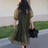 French Vinatge Midi Dress Women Retro Pure Color Short Sleeve Party Design