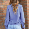 Sky Blue Solid Color V Neck Breezy Long Sleeve Blouse