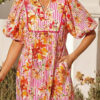 Pink Striped Floral Print Tie Neck Puff Sleeve Loose Mini Dress