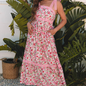 Pink Floral Lace Tied Strap Empire Waist Maxi Dress