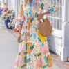 Multicolour Floral Doodle Print Striped Trim V Neck Midi Dress