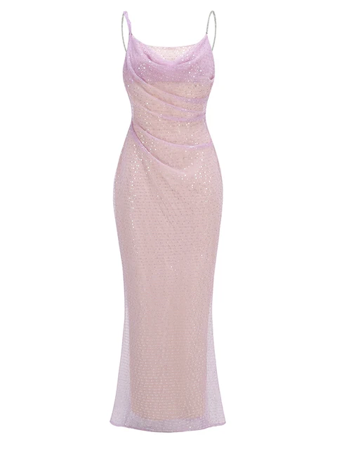 Sequins Backless Beaded Mesh Long Dress Slim Fit Celebrity Evening Party Gowns