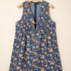 Blue Retro Floral Print Bow Tie V Neck Sleeveless Pleated Loose Denim Romper
