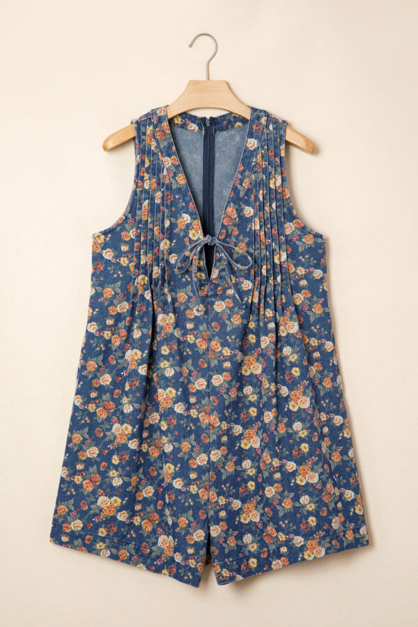 Blue Retro Floral Print Bow Tie V Neck Sleeveless Pleated Loose Denim Romper