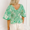 Green Flirty Floral Smocked V Neck Blouse