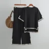 O-neck Short Sleeve Loose Sweater Casual Tops High Waist Pant 2 Piece Set