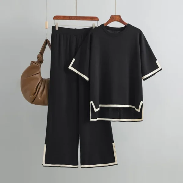 O-neck Short Sleeve Loose Sweater Casual Tops High Waist Pant 2 Piece Set