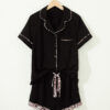 Black Leopard Patchwork Trim Lapel Shirt Drawstring Shorts 2pcs Pajama Set