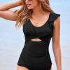 Black Solid Color Ruffle Detail Crossed Cutout Slim Tankini 2pcs Swimsuit