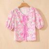 Pink Ribbon Knot Front Floral Short Puff Sleeve Blouse