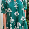 Green Frilled V Neck Puff Short Sleeve Floral Mini Dress