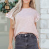 Clearly Aqua Twilled Print Lace Trim Ruffled Short Sleeve Blouse