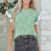 Clearly Aqua Twilled Print Lace Trim Ruffled Short Sleeve Blouse