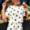 Black Polka Dot Print Loose Tee Drawstring Elastic Waist Short Set