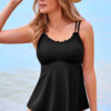 Black 2pcs Solid Color Spaghetti Straps Tankini Set