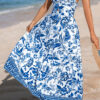Sky Blue Twisted Bust Spaghetti Straps Backless Floral Maxi Dress