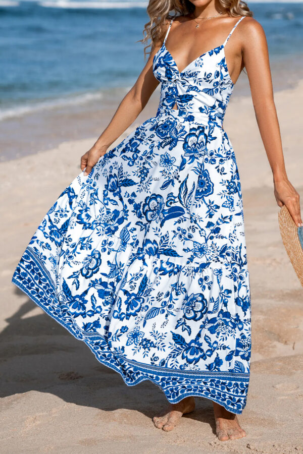 Sky Blue Twisted Bust Spaghetti Straps Backless Floral Maxi Dress
